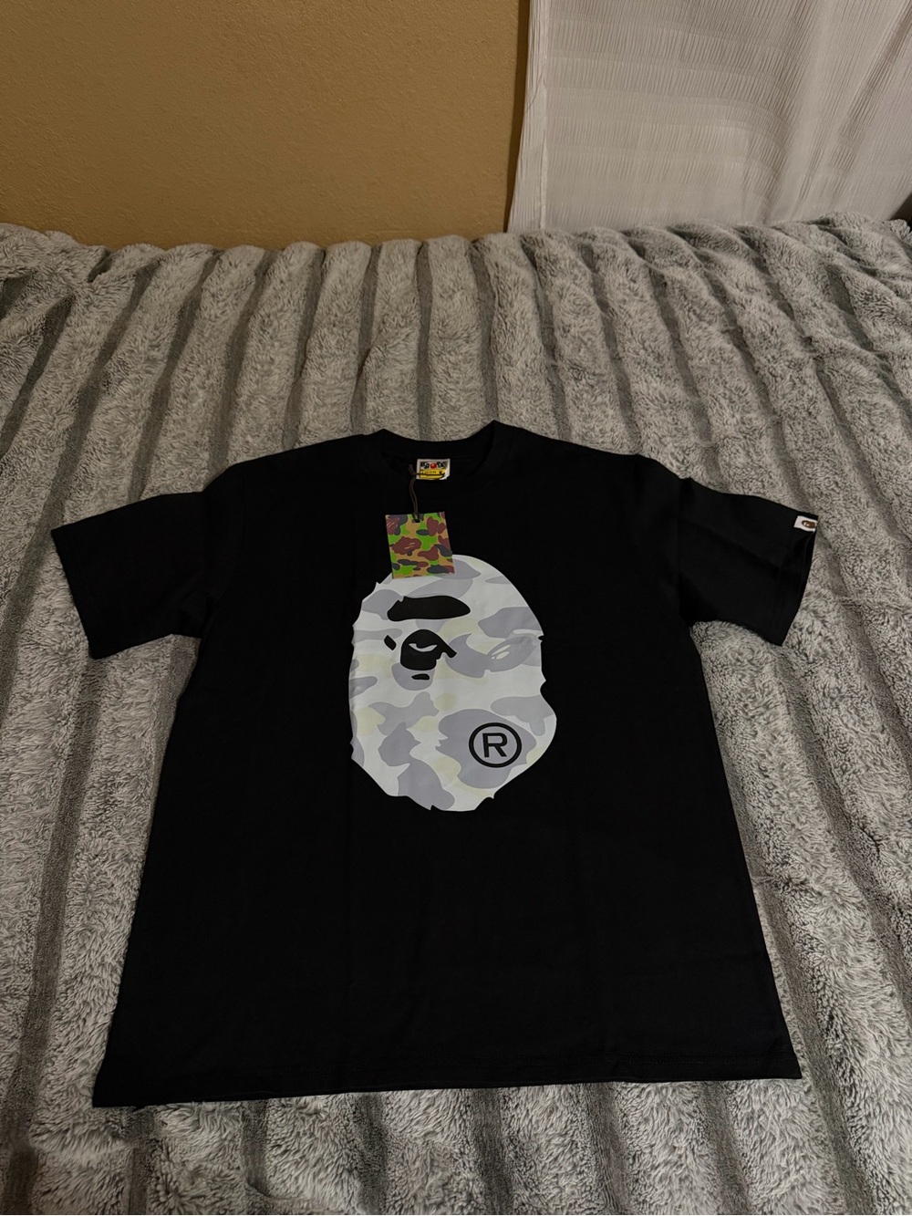 Bape Black Tee with Grey Camo Ape Head Graphic